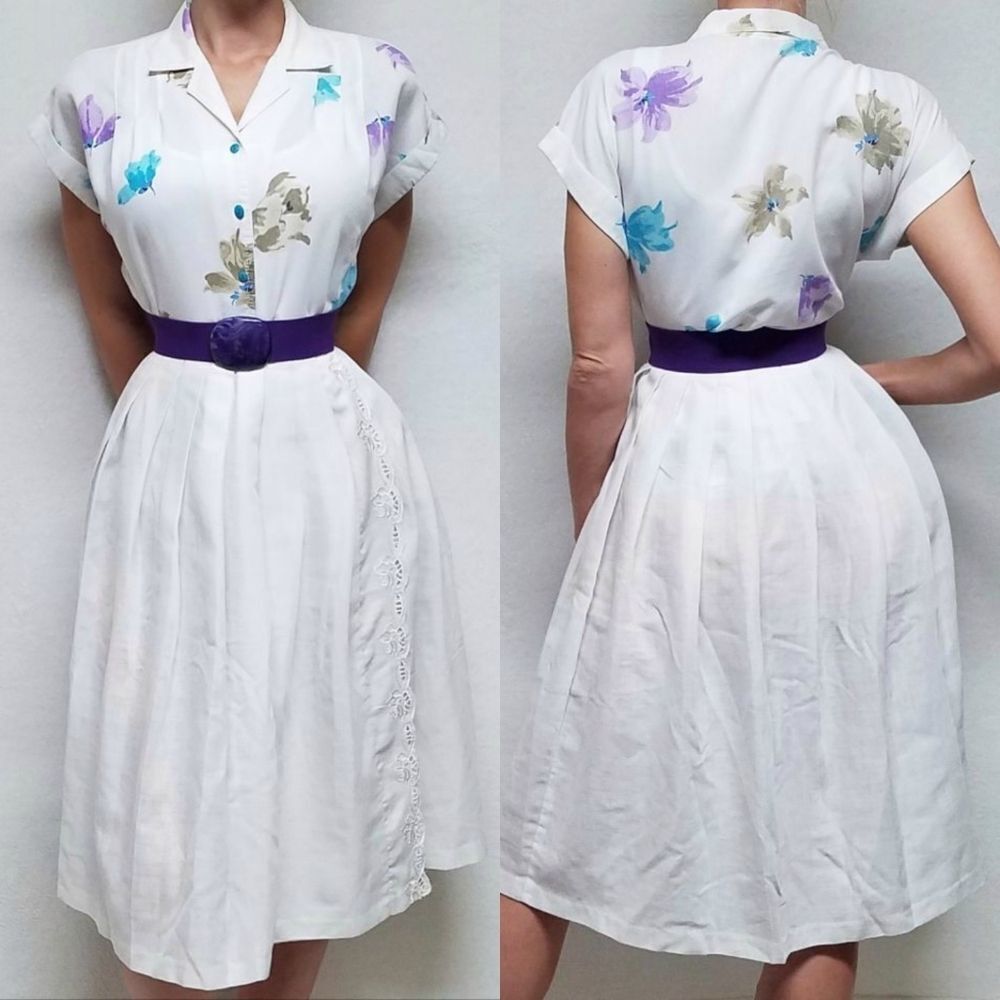 Vintage 60s Tattoo of California Floral Blouse Purple Belt White Wrap Skirt Set